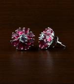 Rhodium Plated Ruby Stone Embellished American Diamond Earrings 216ED509