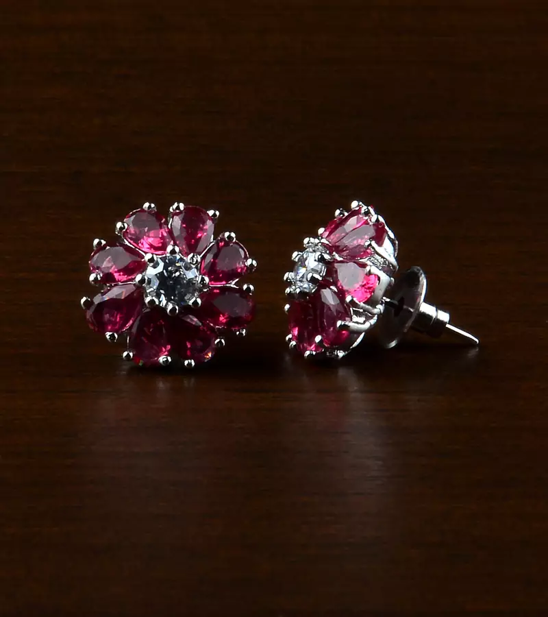 Rhodium Plated Ruby Stone Embellished American Diamond Earrings 216ED509