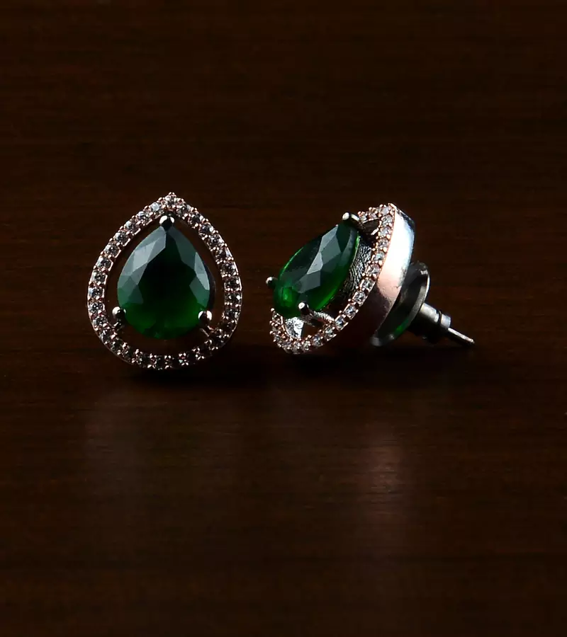 Rose and Black Plated Green Stone Embellished American Diamond Earrings 216ED515