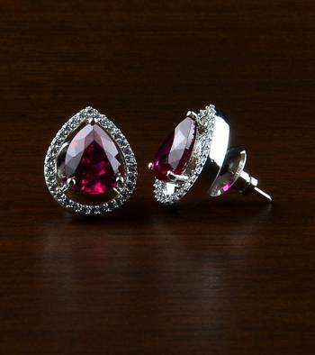 Rhodium Plated Hydro Ruby Stone Embellished American Diamond Earrings 216ED519 1
