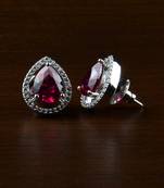 Rhodium Plated Hydro Ruby Stone Embellished American Diamond Earrings 216ED519