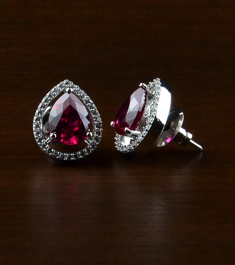 Rhodium Plated Hydro Ruby Stone Embellished American Diamond Earrings 216ED519