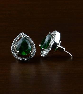 Rhodium Plated Green Stone Embellished American Diamond Earrings 216ED520 1