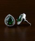 Rhodium Plated Green Stone Embellished American Diamond Earrings 216ED520