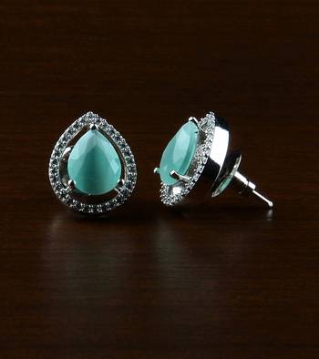 Rhodium Plated Mint Stone Embellished American Diamond Earrings 216ED521 1