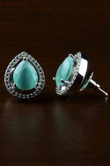 Rhodium Plated Mint Stone Embellished American Diamond Earrings 216ED521