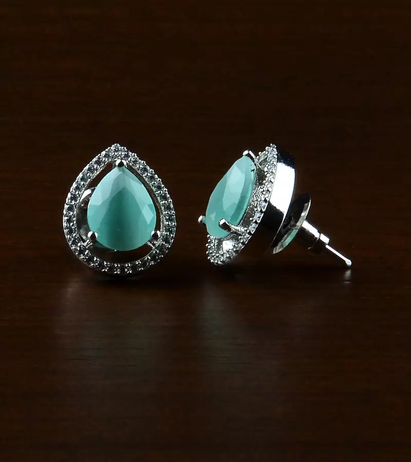 Rhodium Plated Mint Stone Embellished American Diamond Earrings 216ED521
