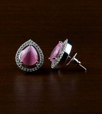 Rhodium Plated Pink Stone Embellished American Diamond Earrings 216ED522 1