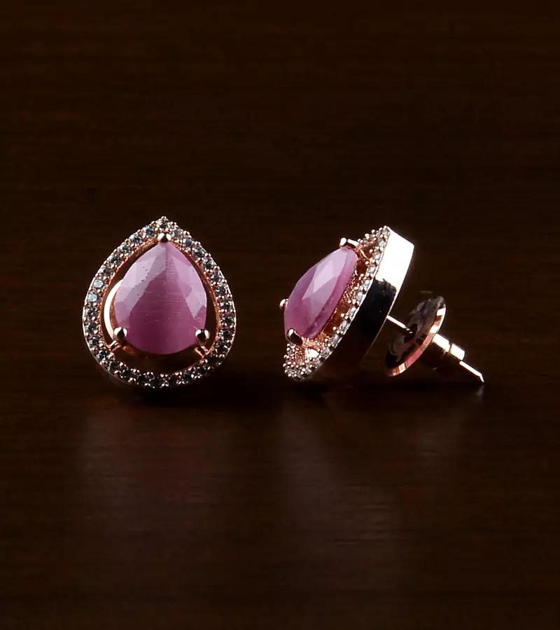 Rose Gold Plated Pink Stone Embellished American Diamond Earrings 216ED527