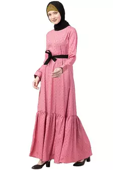 Polka dotted frilled abaya- Puce Pink