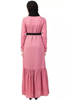 Polka dotted frilled abaya- Puce Pink