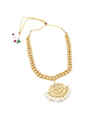 Gold Plated Antique Rani Haar Kundan White Pearl Drop Necklace Set 3