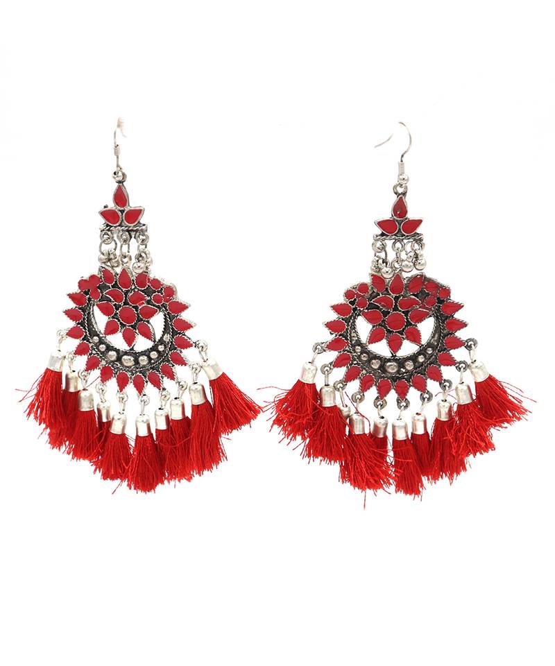 Silver Plated Red Tassel Drop Earrings for Women