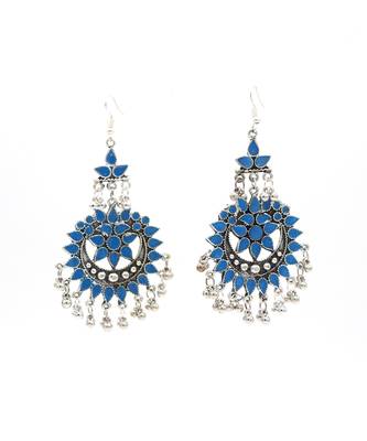 Silver Plated Blue Chandbali Afghani Dangle Drop Earrings 4