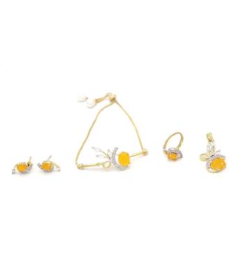 American Diamond Yellow Colored Gold Plated Necklace Set with Earring, Ring and Bracelet for Women & Girls 6