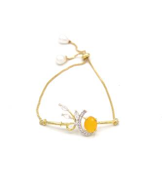 American Diamond Yellow Colored Gold Plated Necklace Set with Earring, Ring and Bracelet for Women & Girls 10