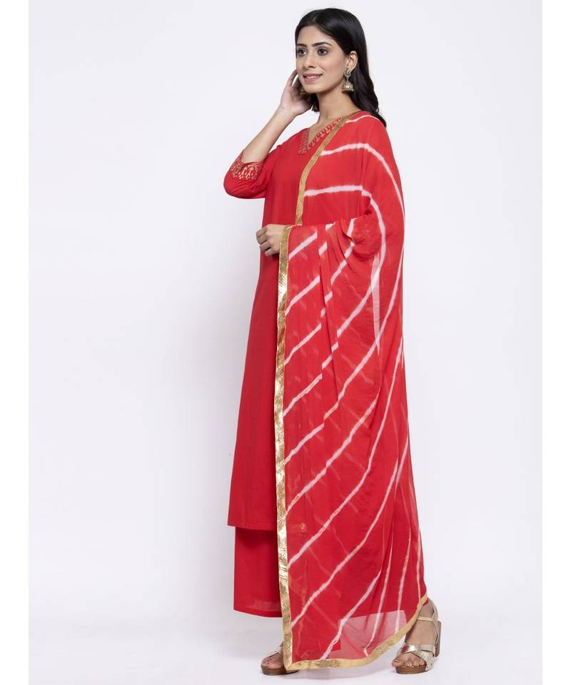 Red V neck Suit Set with leheriya dupatta
