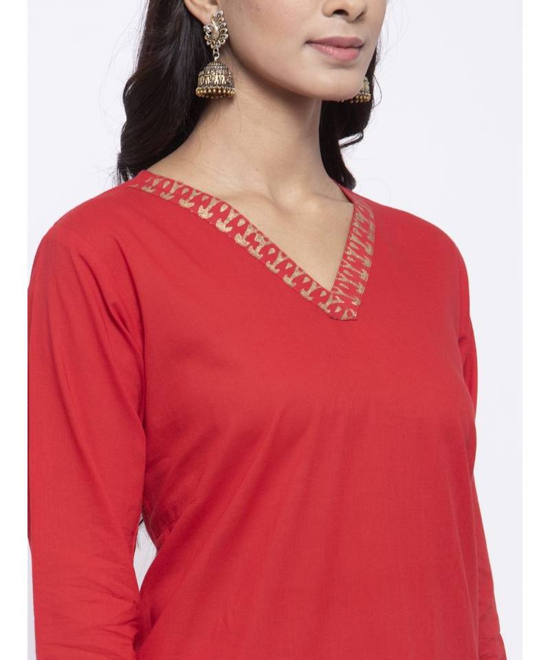 Red V neck Suit Set with leheriya dupatta