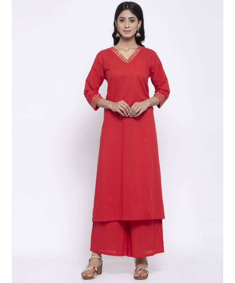 Red V neck Suit Set with leheriya dupatta