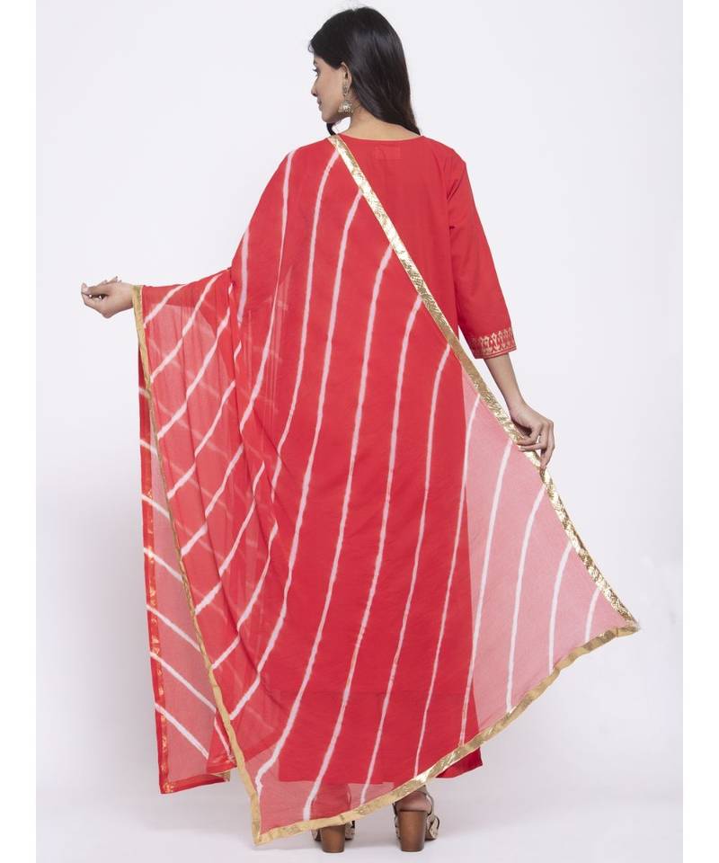 Red V neck Suit Set with leheriya dupatta
