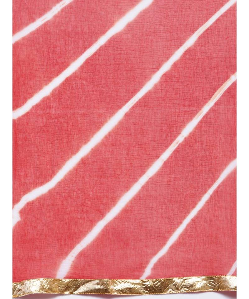 Red V neck Suit Set with leheriya dupatta