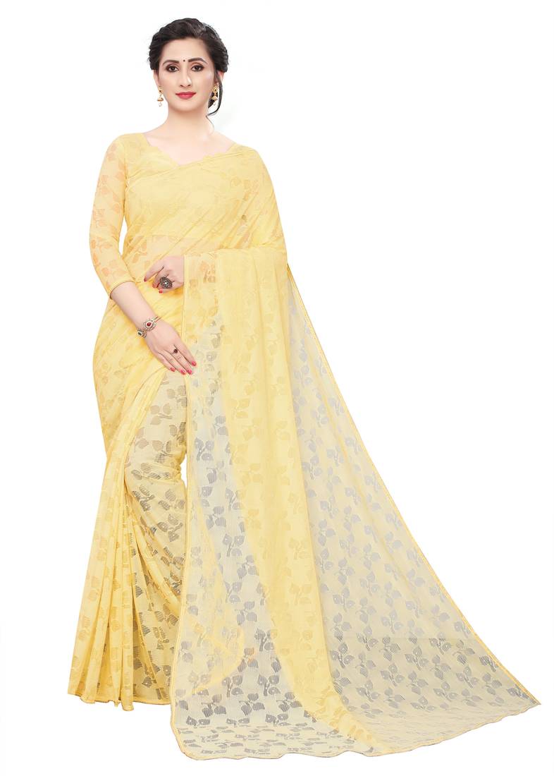 Light yellow plain Russel net saree