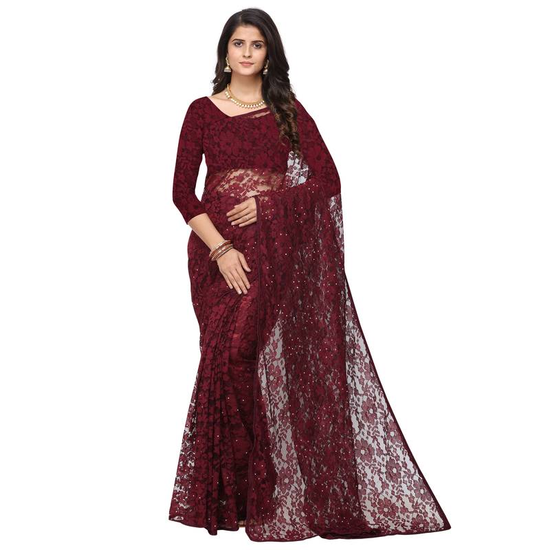 Maroon plain Russel net saree