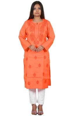 Lavangi Women's Lucknow Chikan Handicraft Ghaaspatti Work Khadi Cotton Kurti (Orange) 1