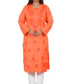 Lavangi Women's Lucknow Chikan Handicraft Ghaaspatti Work Khadi Cotton Kurti (Orange)