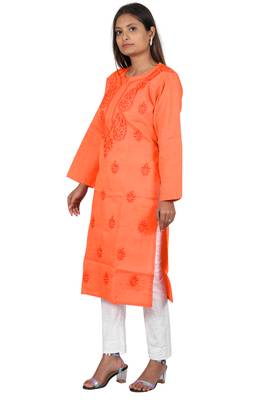 Lavangi Women's Lucknow Chikan Handicraft Ghaaspatti Work Khadi Cotton Kurti (Orange) 2