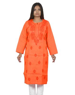Lavangi Women's Lucknow Chikan Handicraft Ghaaspatti Work Khadi Cotton Kurti (Orange) 3