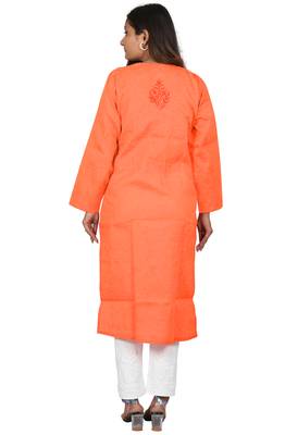 Lavangi Women's Lucknow Chikan Handicraft Ghaaspatti Work Khadi Cotton Kurti (Orange) 4