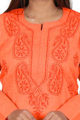 Lavangi Women's Lucknow Chikan Handicraft Ghaaspatti Work Khadi Cotton Kurti (Orange) 5