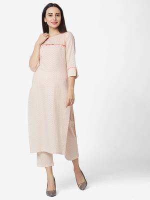 Cream color Printed Kurta Set 1