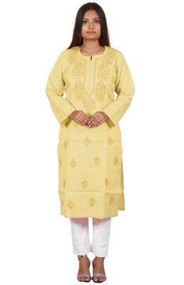 Lavangi Women's Lucknow Chikan Handicraft Ghaaspatti Work Khadi Cotton Kurti (Fawn) 1