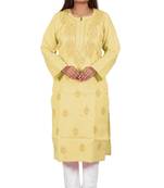 Lavangi Women's Lucknow Chikan Handicraft Ghaaspatti Work Khadi Cotton Kurti (Fawn)