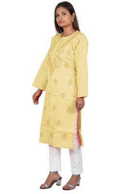 Lavangi Women's Lucknow Chikan Handicraft Ghaaspatti Work Khadi Cotton Kurti (Fawn) 2