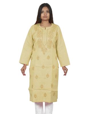 Lavangi Women's Lucknow Chikan Handicraft Ghaaspatti Work Khadi Cotton Kurti (Fawn) 3