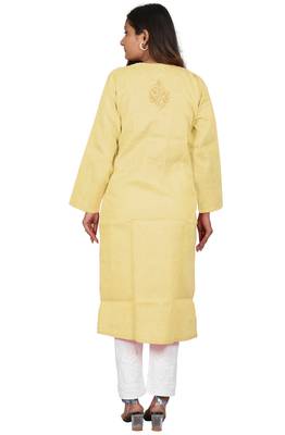 Lavangi Women's Lucknow Chikan Handicraft Ghaaspatti Work Khadi Cotton Kurti (Fawn) 4