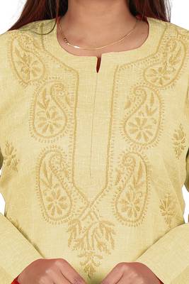 Lavangi Women's Lucknow Chikan Handicraft Ghaaspatti Work Khadi Cotton Kurti (Fawn) 5