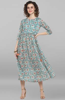 Janasya Sea green printed cotton party wear kurtis 1