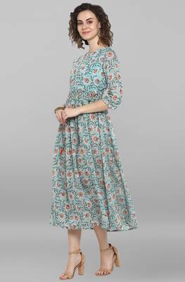 Janasya Sea green printed cotton party wear kurtis 4