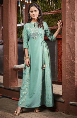 Green printed polyester party wear kurtis 5