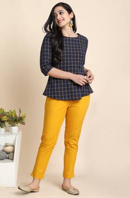 Janasya Blue woven cotton cotton tops 3