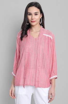 Janasya Pink woven viscose rayon party tops 1