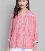 Janasya Pink woven viscose rayon party tops
