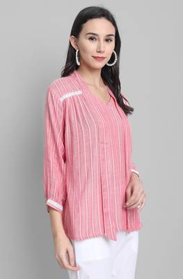 Janasya Pink woven viscose rayon party tops 3