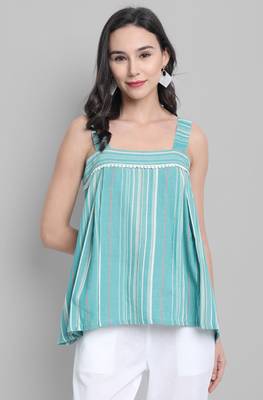Janasya Green woven cotton cotton tops 1