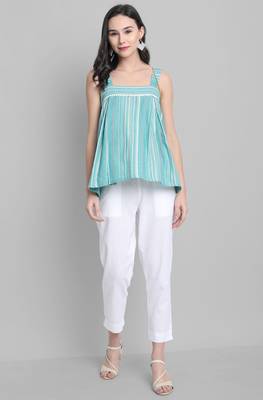 Janasya Green woven cotton cotton tops 2