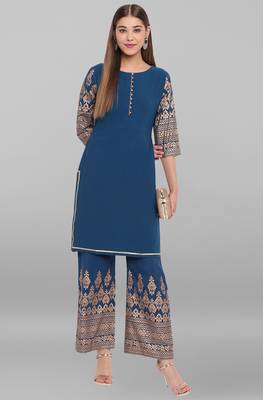 Teal printed faux crepe salwar 1